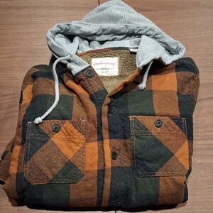 Plaid Hooded Shirt Jacket in Orange and Green